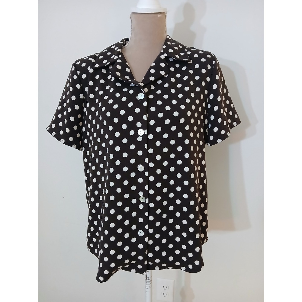 Susan Graver Womens Medium Brown White Polka Dot Short Sleeve Button Down Blouse